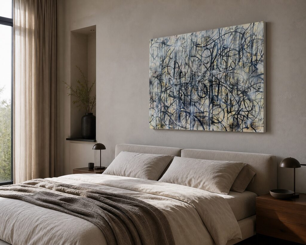 Bitch n.3 appesa sopra il letto in una camera contemporanea