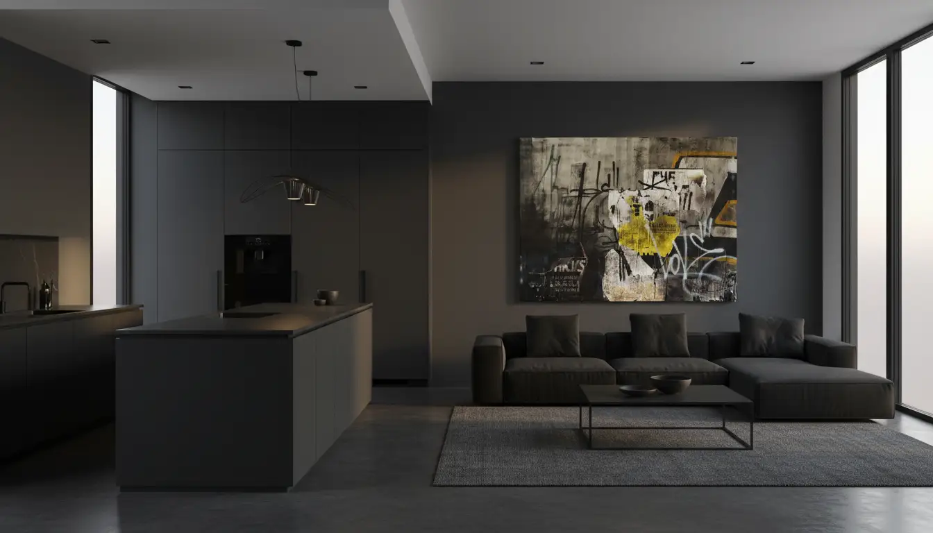 Love sopra un divano grigio scuro in un open space con cucina nera e grandi finestre luminose ai lati