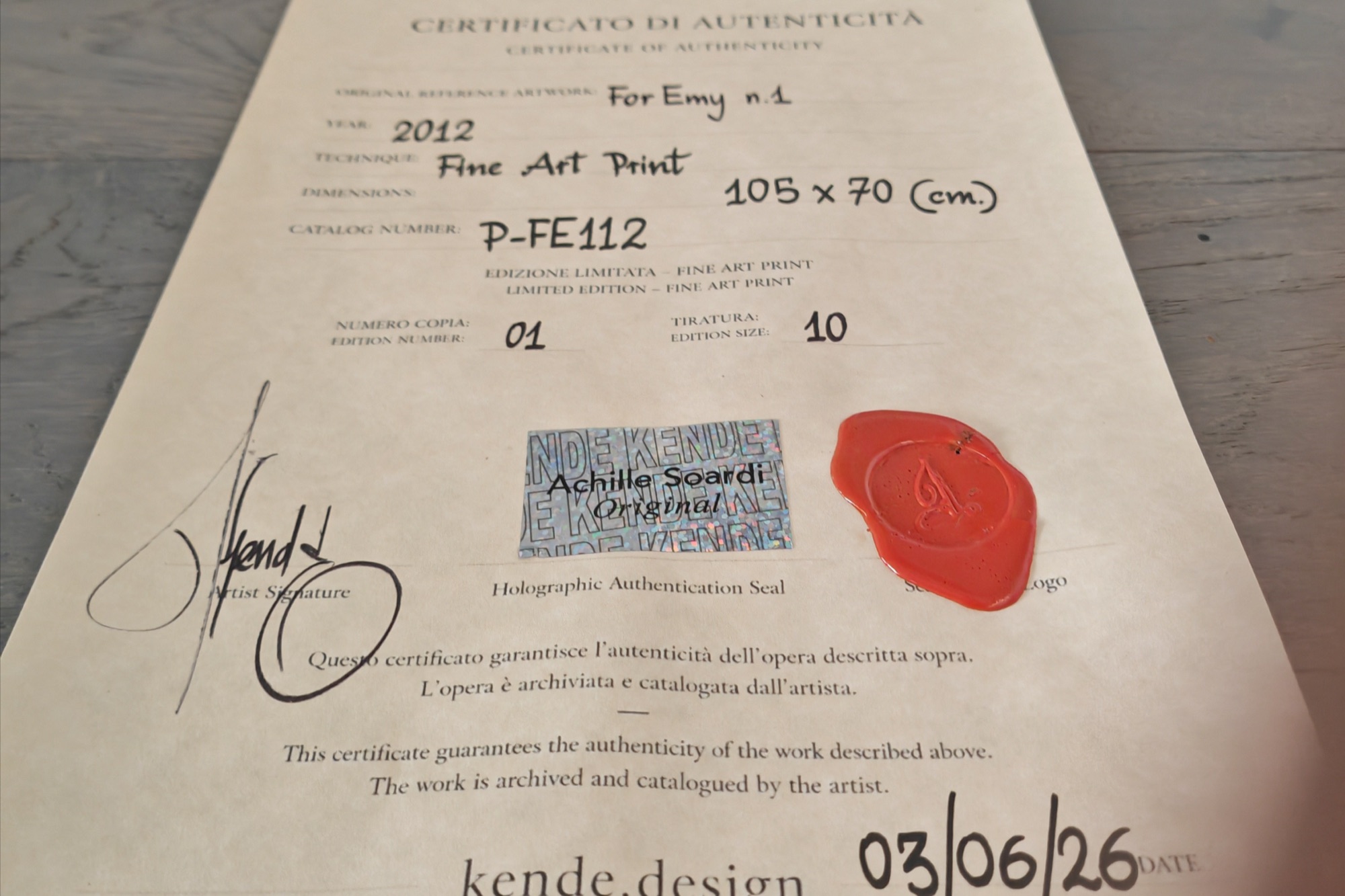 Certificato di autenticita della fine art print For Emy n.1, edizione 01 di 10