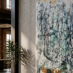 Bitch n.1 di Kende, opera originale 2025 in tecnica mista su legno 200×140 cm, esposta in un loft industriale accanto a una pianta