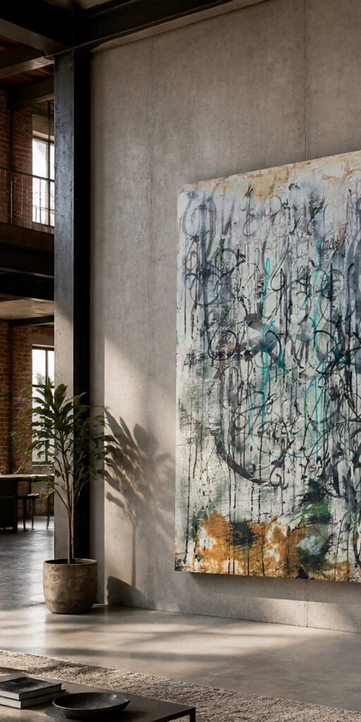 Bitch n.1 di Kende, opera originale 2025 in tecnica mista su legno 200×140 cm, esposta in un loft industriale accanto a una pianta