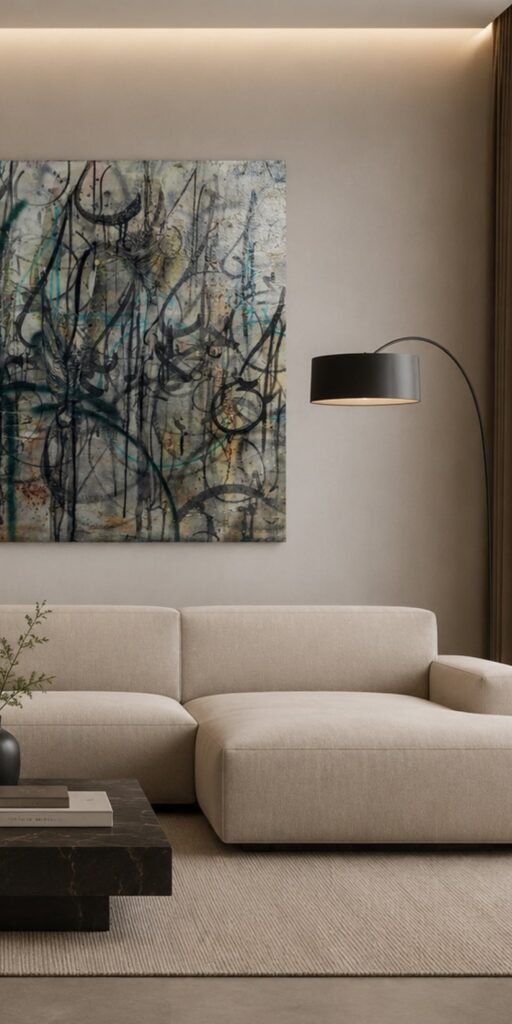 Bitch n.2 di Kende, opera originale 2025 in tecnica mista su legno 150×102 cm, appesa sopra un divano in un salotto contemporaneo