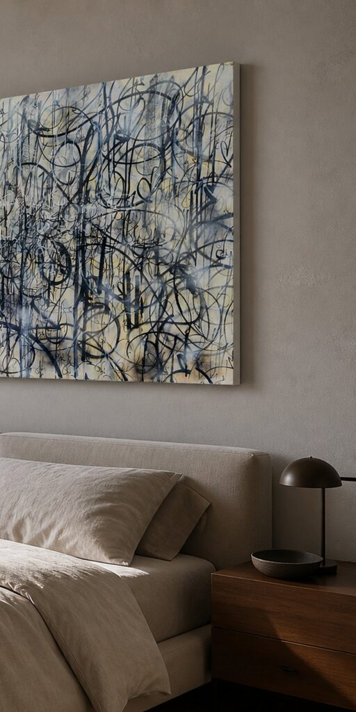 Bitch n.3 di Kende, opera originale 2025 in tecnica mista su legno 122×91 cm, appesa sopra il letto in una camera minimalista