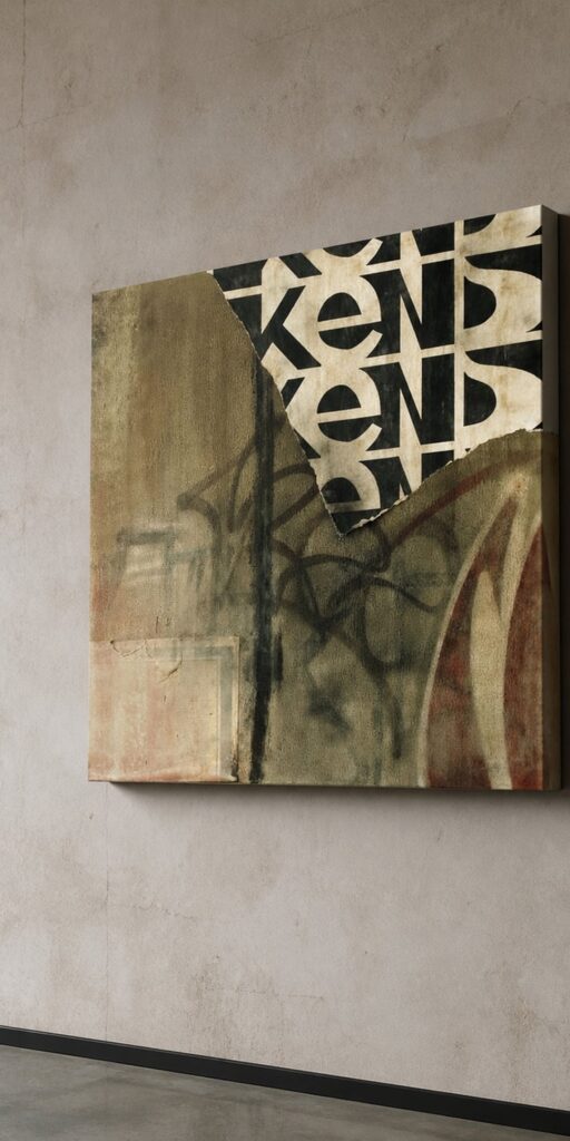Graffiti History n.1 di Kende, opera originale 2010 in tecnica mista su legno 100×100 cm, appesa su un muro di cemento in un loft industriale