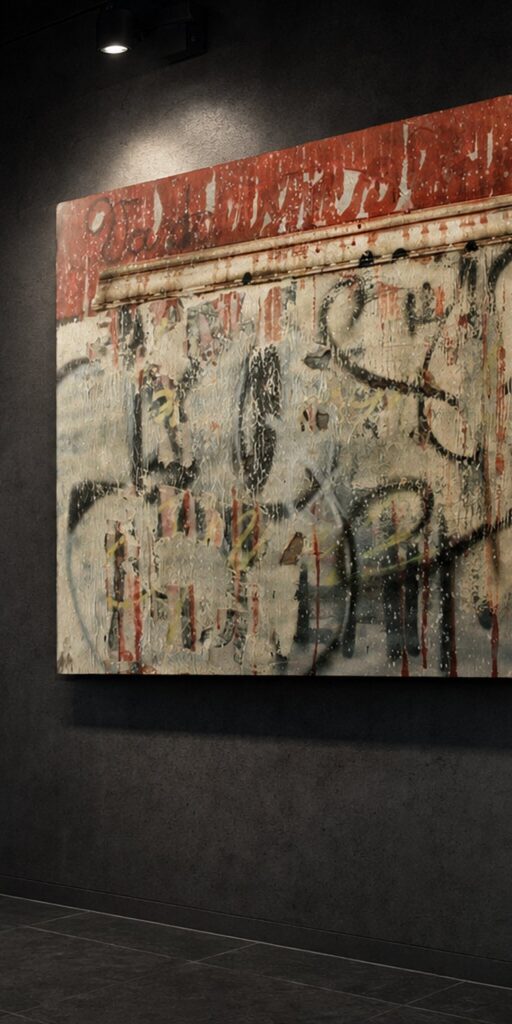 Graffiti History n.3 di Kende, opera originale 2010 in tecnica mista su legno 100×100 cm, appesa su una parete di cemento scuro illuminata da un faretto
