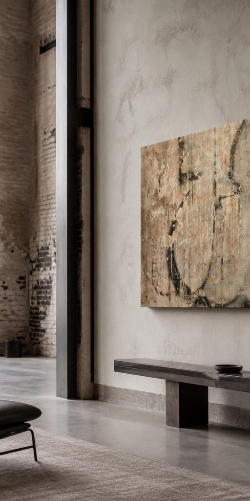 Graffiti History n.4 di Kende, opera originale 2010 in tecnica mista su legno 100×100 cm, appesa su un muro chiaro in un loft con pilastri in ferro e una panca bassa