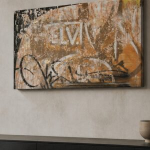 Graffiti History n.5 di Kende, opera originale 2012 in tecnica mista su legno 100×90 cm, appesa su un muro chiaro sopra un mobile basso nero
