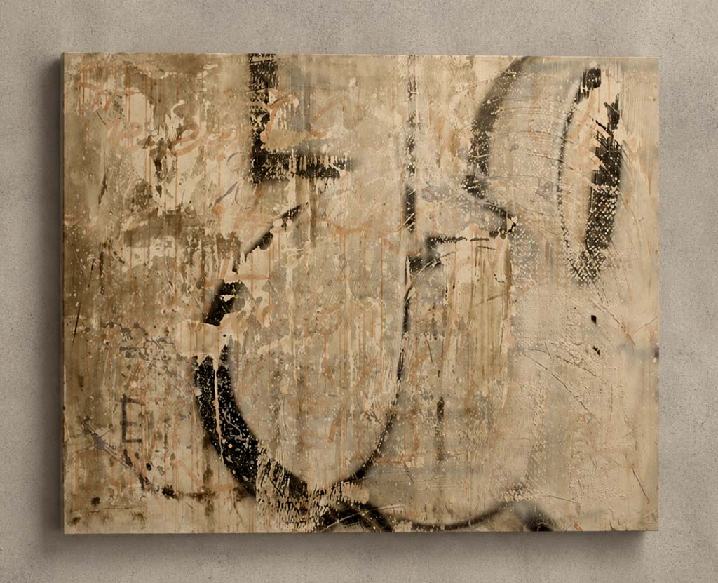 Part of the Graffiti History series, this work develops research into the visual memory of European writing through calligraphic signs, material, and compositional rhythm. The modular 100 x 100 cm format engages with the architectural space, maintaining continuity with the entire cycle. Produced in 2010 using mixed media on wood, the artwork is now in a private collection.