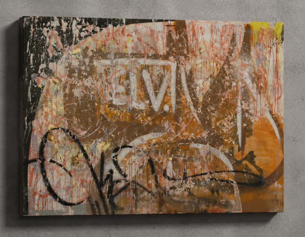 Part of the Graffiti History series, this work develops research into the visual memory of European writing through calligraphic signs, material, and compositional rhythm. The modular 100 x 100 cm format engages with the architectural space, maintaining continuity with the entire cycle. Produced in 2010 using mixed media on wood, the artwork is now in a private collection.