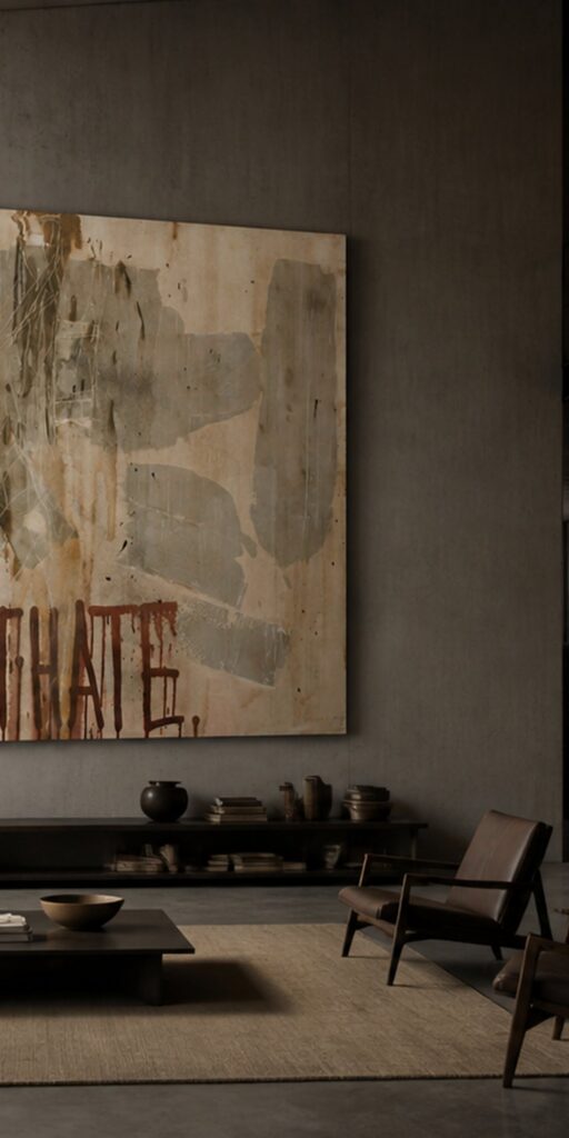 Just Hate di Kende, opera originale 2009 in tecnica mista su legno 140×110 cm, appesa su un muro di cemento in un loft in penombra, sopra un divano basso