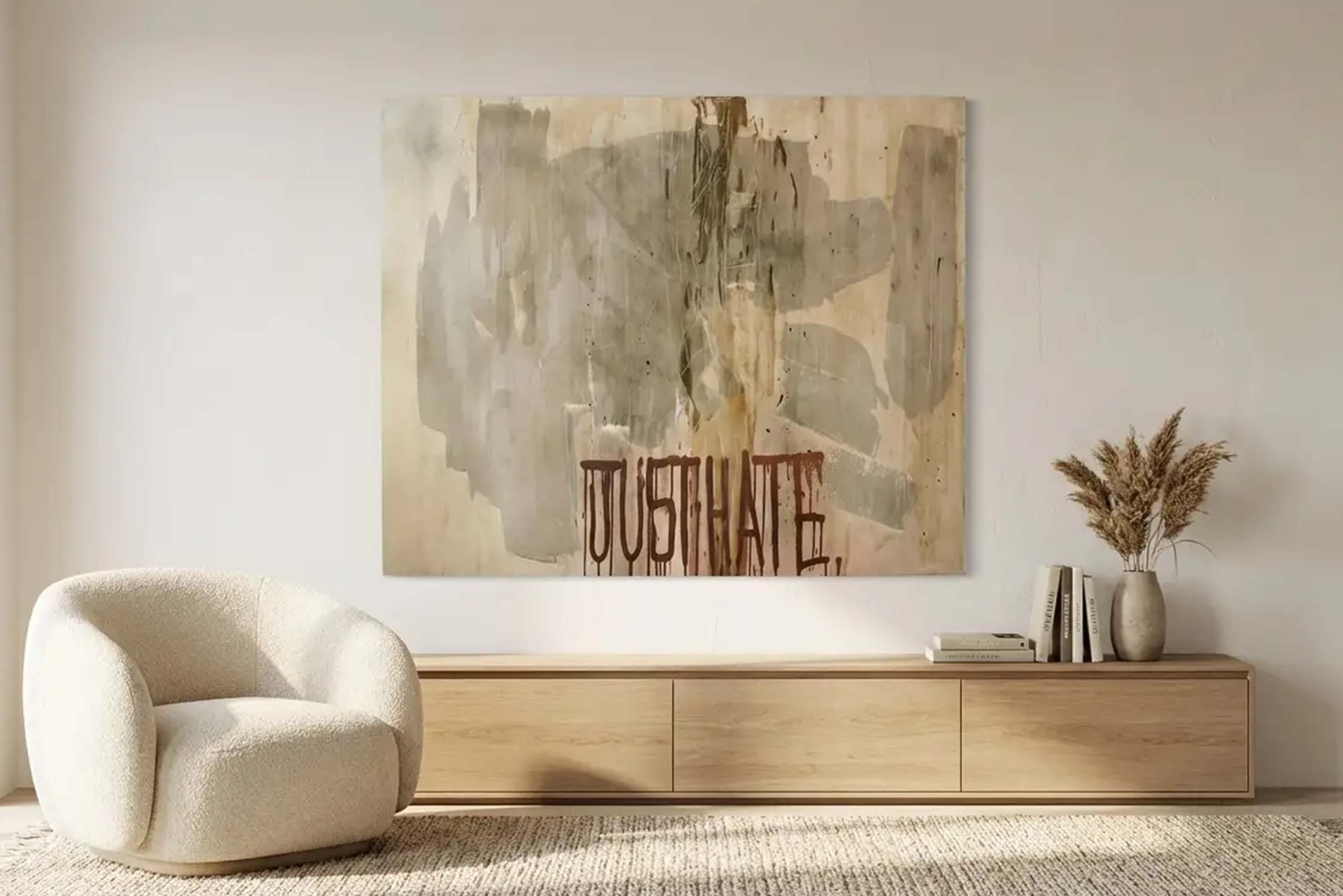 Opera appartenente alla prima fase della ricerca di Kende, Just Hate sviluppa la trasformazione del gesto calligrafico in pittura su legno attraverso una composizione diretta, istintiva e materica. Il lavoro conserva l’energia della stagione europea vissuta tra Londra, Amsterdam e Barcellona, fondamentale nella formazione del linguaggio visivo dell’artista.