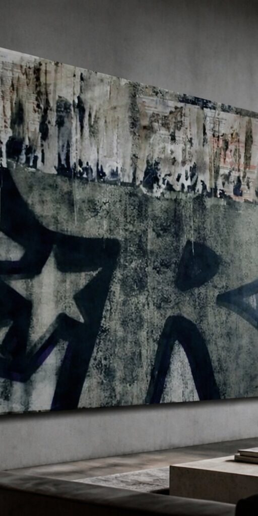R di Kende, opera originale 2010 in tecnica mista su tela 100×90 cm, appesa su un muro di cemento in un loft, sopra un divano in pelle nera