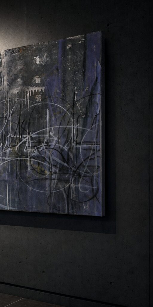 Rue de Rivoli di Kende, opera originale 2010 in tecnica mista su tela 120×110 cm, appesa su una parete di cemento scuro in un interno di sera, illuminata da un faretto