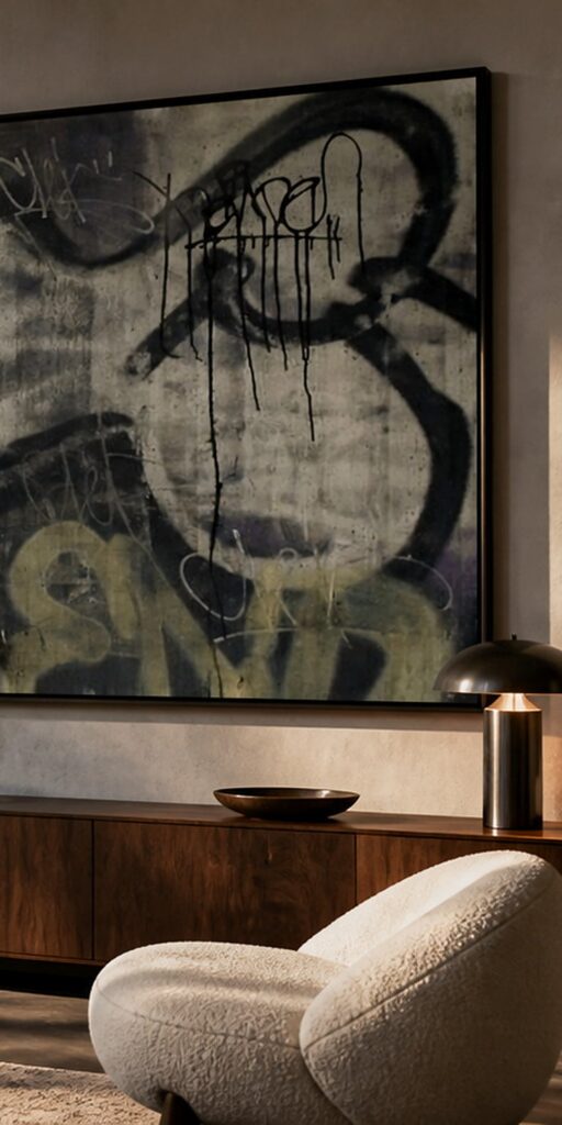 Still got Love for the Streets n.4 di Kende, opera originale 2010 in tecnica mista su tela 120×100 cm, appesa sopra una credenza in legno con lampada, accanto a una poltrona