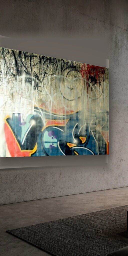 Still got Love for the Streets n.5 di Kende, opera originale 2010 in tecnica mista su tela 140×120 cm, appesa su un muro di cemento in un loft