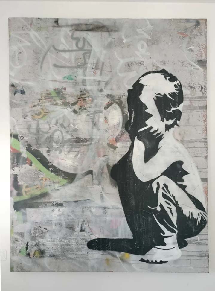 Created in 2010, Child combines calligraphic gesture, material layering, and figurative presence within a visual space inspired by the contemporary urban environment. The figure of the child appears isolated and silent, in contrast to the surface marked by writings, erasures, and painterly traces.