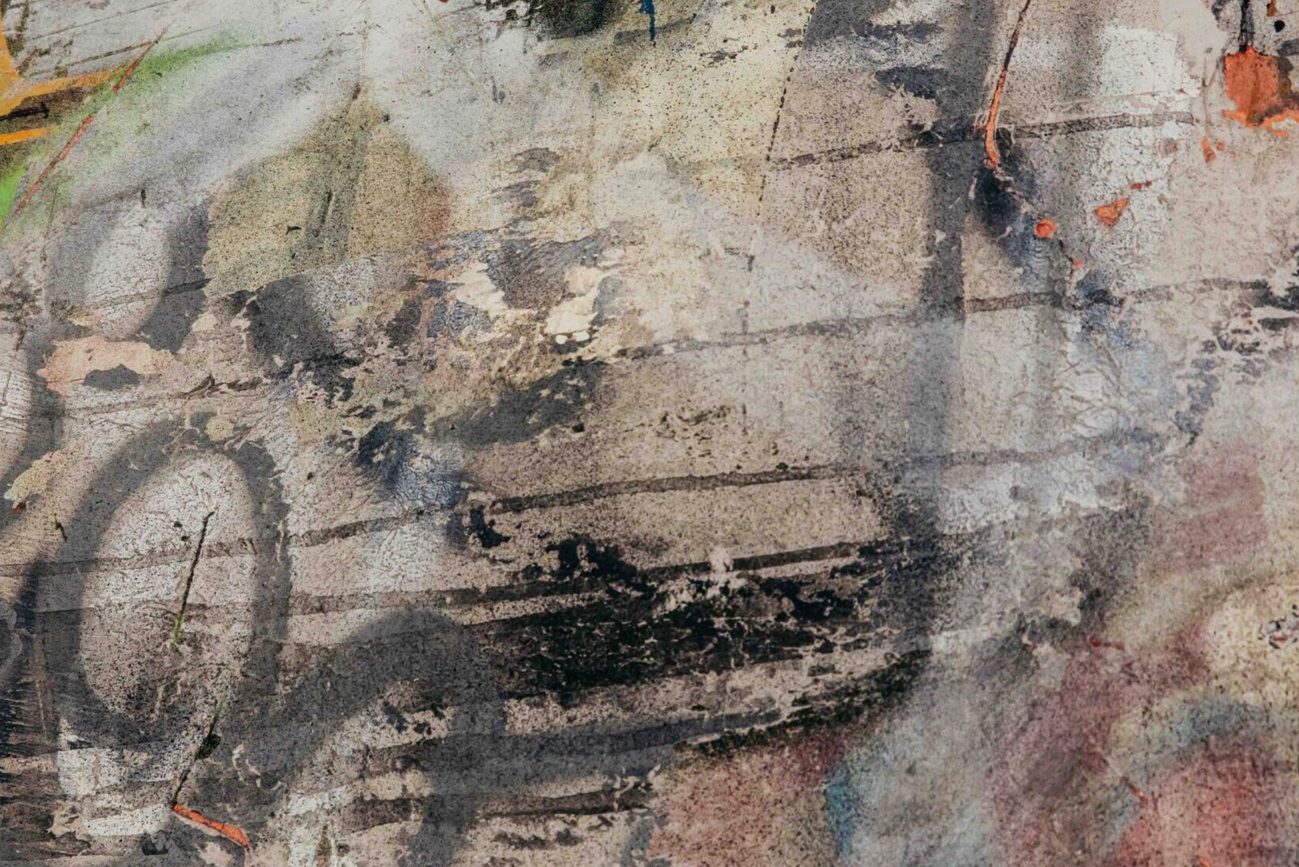 Created in 2010, Child combines calligraphic gesture, material layering, and figurative presence within a visual space inspired by the contemporary urban environment. The figure of the child appears isolated and silent, in contrast to the surface marked by writings, erasures, and painterly traces.