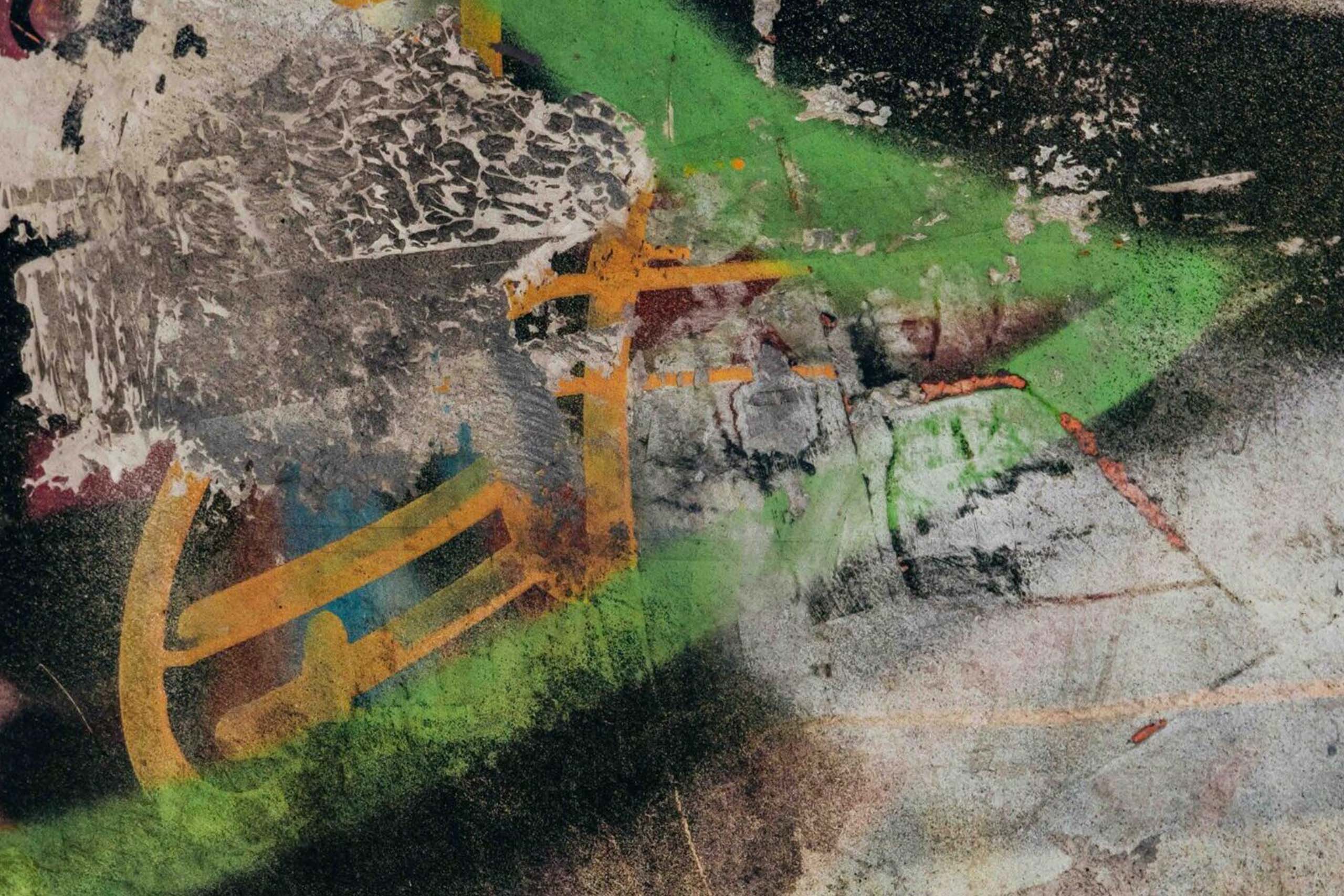 Created in 2010, Child combines calligraphic gesture, material layering, and figurative presence within a visual space inspired by the contemporary urban environment. The figure of the child appears isolated and silent, in contrast to the surface marked by writings, erasures, and painterly traces.