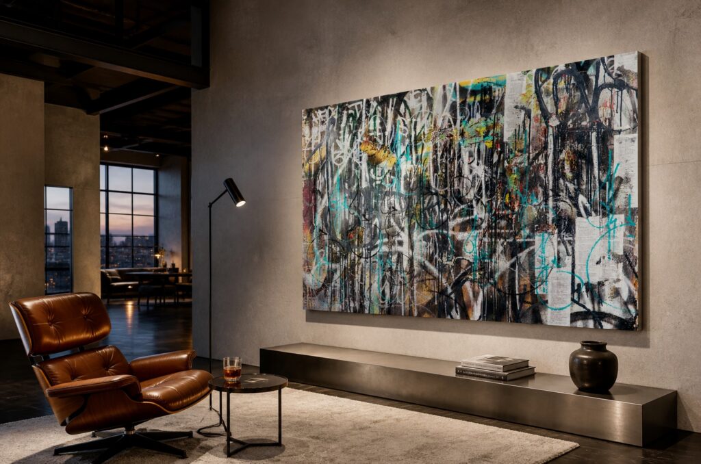 Forest di Kende, opera di grande formato su parete in un loft contemporaneo