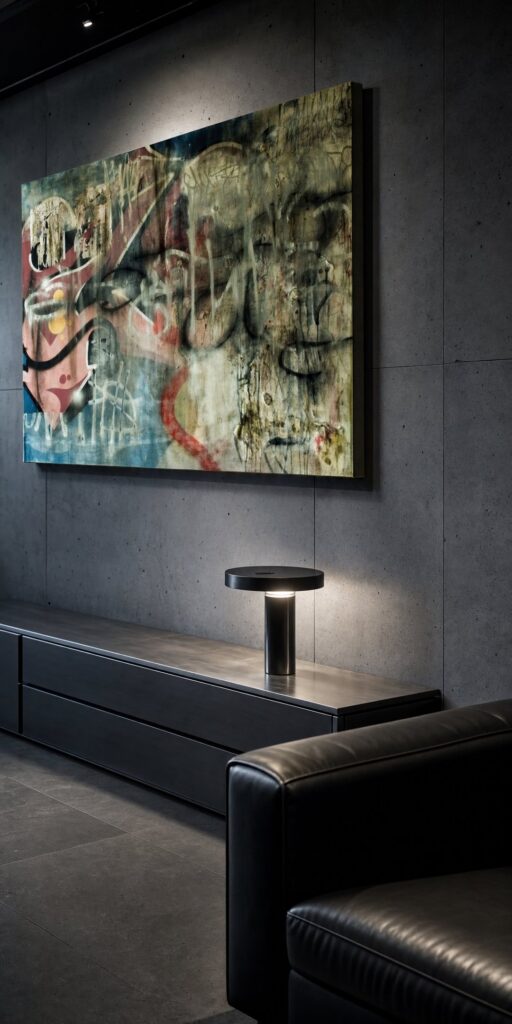 Still got Love for the Streets n.9 di Kende, opera originale 2010 in tecnica mista su tela 140×120 cm, appesa sopra una consolle in metallo grafite con lampada, accanto a una poltrona in pelle nera