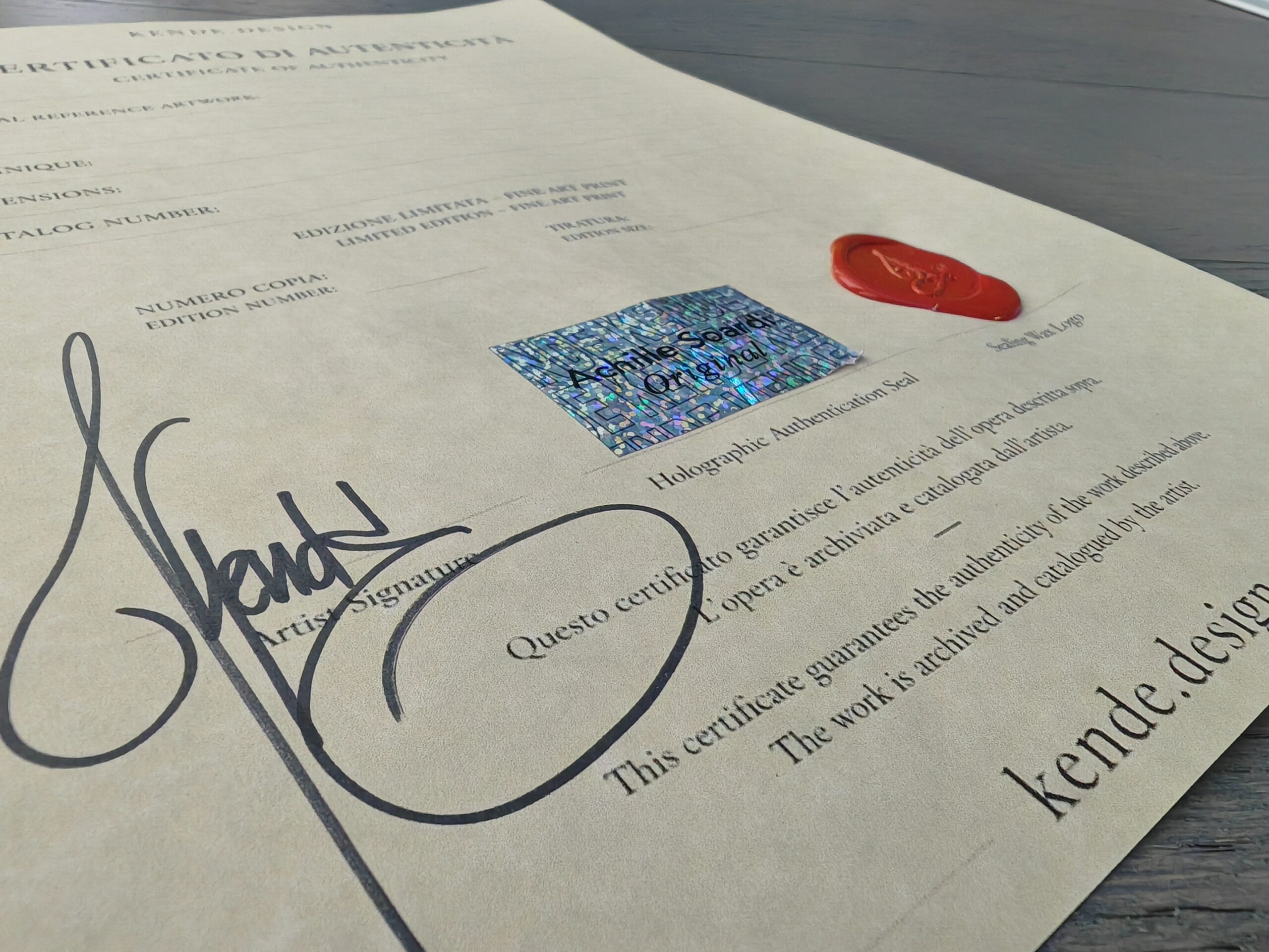 Certificato di autenticità KENDE con firma dell'artista, sigillo olografico e ceralacca rossa